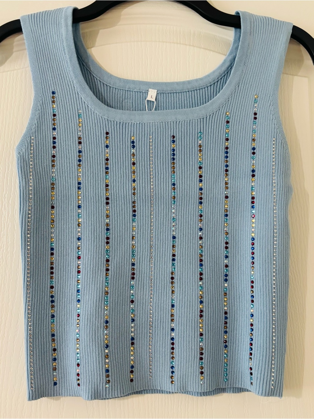 Y2K Light Blue Ribbed Knit Tank Top Multicolor Rhinestones - Picture 2 of 7